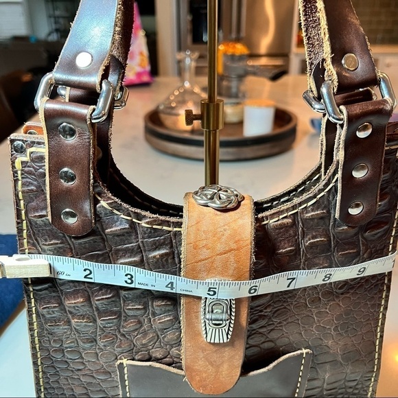 Handcrafted structured urban raw edge leather croc embossed shoulder bag NWOT - Picture 11 of 12